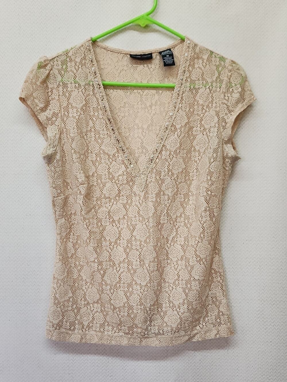 New York & Company Beige Lace V-Neck Camisole